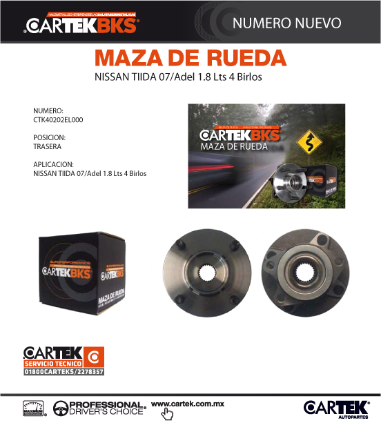 MAZA DE RUEDA - NISSAN TIIDA 07/Adel 1.8 Lts. 4 BIRLOS